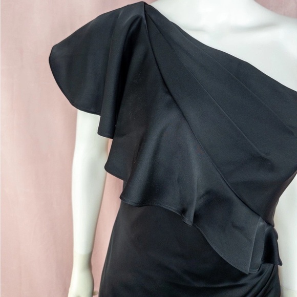 Theia Womens Black Dress Size 6 $595 Asymmetrical Ruffle One Shoulder - Picture 4 of 7